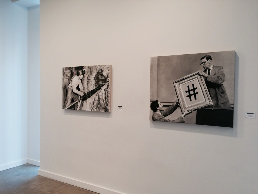 "Data Mining" 2014 (left) and "Next Item For Bid" 2014 (right), black oil and white gesso on wood panel "Data Mining" 2014 (left) and "Next Item For Bid" 2014 (right), black oil and white gesso on wood panel