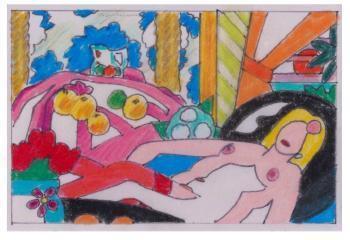 Tom Wesselman - Study for sunset nude with Matisse apples on pink tablecloth