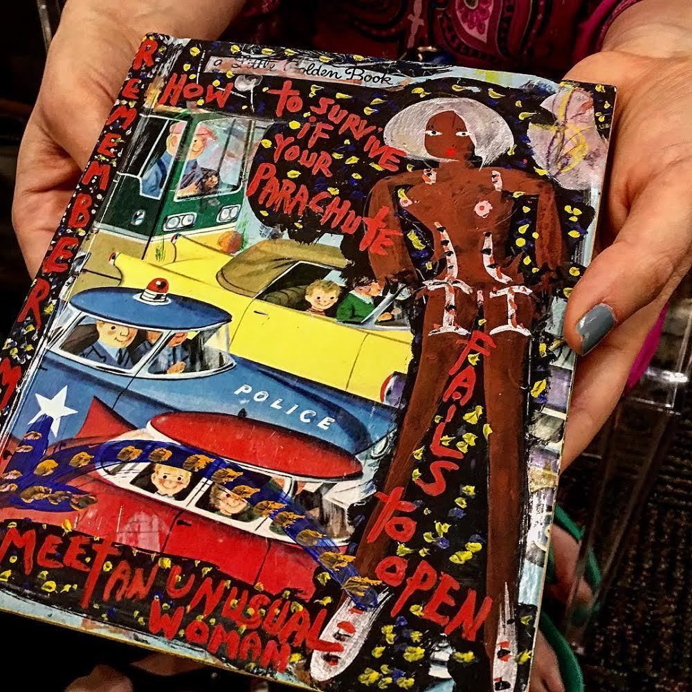 One of a kind artists book collected at Art Palm Springs 2018 by a young couple from Chicago.
"How to Survive if Your Parachute Fails to Open Meet An Unusual Woman" Non Linear Story by Richard Kurtz • Casein on found vintage children's book. • Esperanza Projects Booth One of a kind artists book collected at Art Palm Springs 2018 by a young couple from Chicago.
"How to Survive if Your Parachute Fails to Open Meet An Unusual Woman" Non Linear Story by Richard Kurtz • Casein on found vintage children's book. • Esperanza Projects Booth