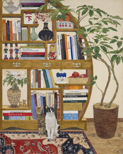 Lee Jung Eun (b. 1971), ‘Cats and Bookshelf’, 2020, Drawing, Collage or other Work on Paper, Coloring on Korean paper (Jangji) 장지에 채색, Leehwaik Gallery