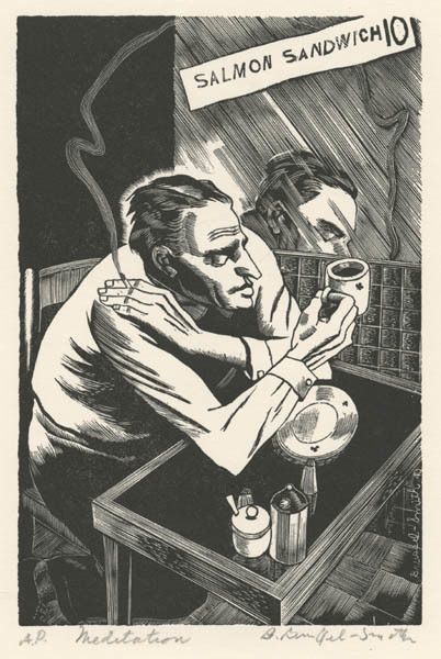 Bernard Brussel-Smith, ‘Meditation or Cafeteria Philosopher’, 1940, Print, Wood Engraving, Childs Gallery