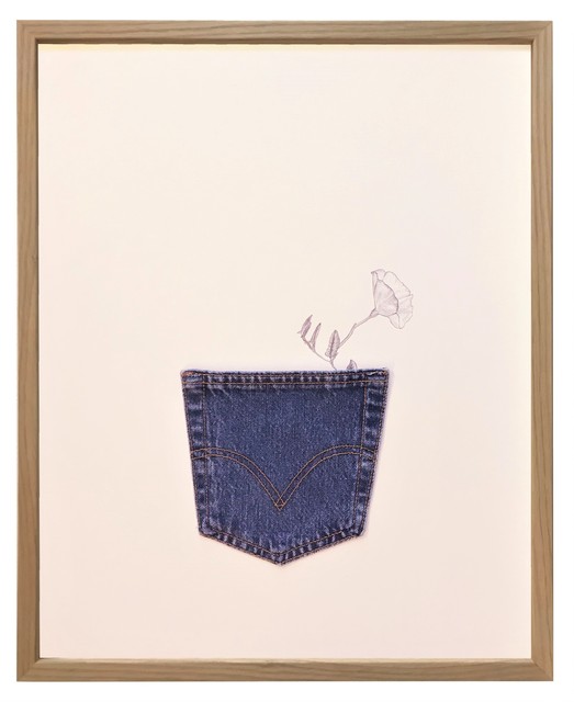 Peter Holst Henckel, ‘Pocketables (flower II)’, 2018, Mixed Media, Jeans pocket and pencil on paper, framed, SPECTA