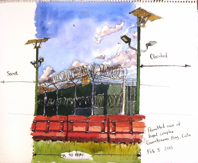 Steve Mumford, ‘2/5/13, Exterior Commission, Permitted view of legal complex, Guantanamo Bay, Cuba’, 2013, Drawing, Collage or other Work on Paper, Ink and wash on paper, Postmasters Gallery