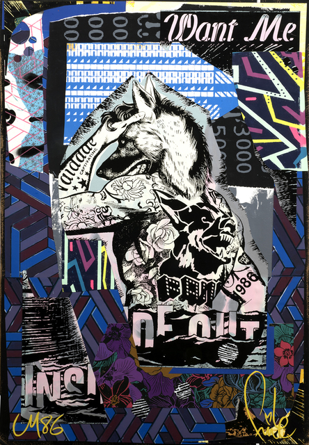 FAILE, ‘Want Me 1986’, 2018, Mixed Media, Silkscreen ink and acrylic on paper, Markowicz Fine Art