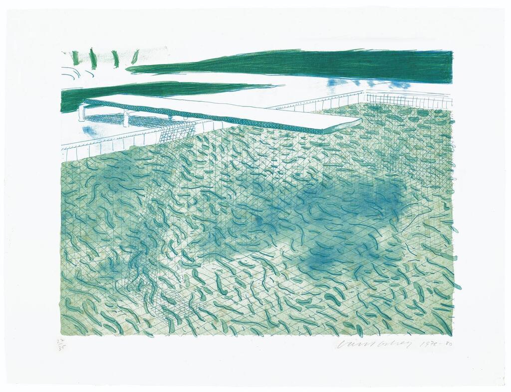 David Hockney - Lithograph of Water Made of Lines with Two Light Blue Washes