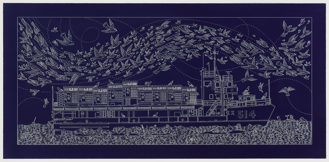 Duke Riley, ‘A Semi-Accurate Depiction of The Baylander 514-IX and Her Aircraft While Stationed at Wallabout Bay’, 2017, Print, Cyanotype, Graphicstudio USF