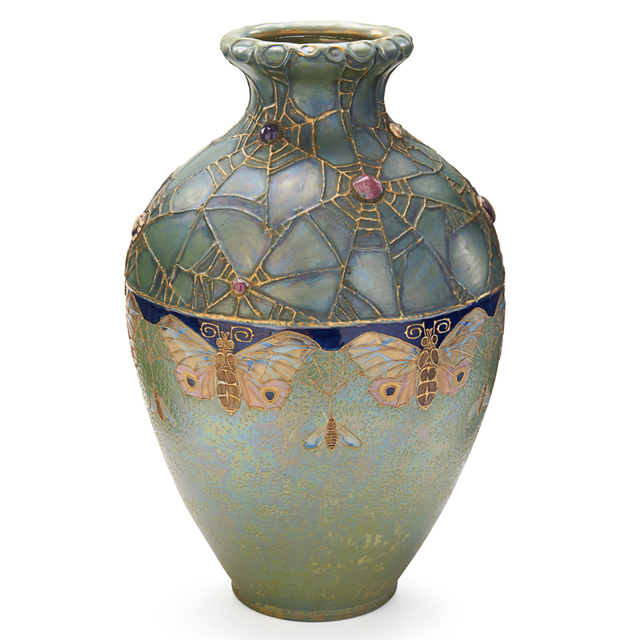 Eduard Stellmacher, ‘Riessner, Stellmacher & Kessel, Large Amphora Grès -Bijou Vase With Moths And Spiderwebs, Turn-Teplitz, Bohemia’, ca. 1900, Design/Decorative Art, Rago/Wright