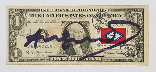 Andy Warhol, ‘One Dollar Bill’, 1984, Other, Mixed media on one dollar bill, postage stamp, Galerie Andreas Binder