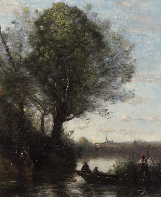 Jean-Baptiste-Camille Corot, ‘Passeur en Barque a la Rive Boisee avec une Femme et ses Deux Enfants’, circa 1860-65, Painting, Oil on canvasboard, Doyle