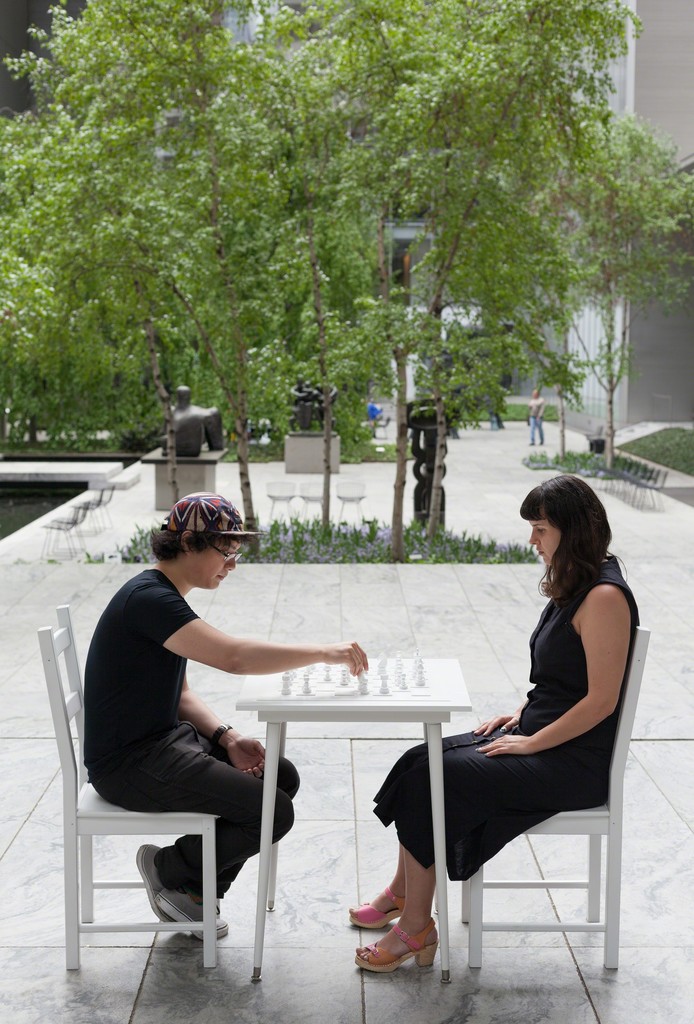 Yoko Ono’s White Chess Set (1966) in the Abby Aldrich Rockefeller Sculpture Garden, presented in conjunction with Yoko Ono: One Woman Show, 1960-1971, The Museum of Modern Art, New York, May 17–September 7, 2015. © 2015 The Museum of Modern Art. Photo: Thomas Griesel. Yoko Ono’s White Chess Set (1966) in the Abby Aldrich Rockefeller Sculpture Garden, presented in conjunction with Yoko Ono: One Woman Show, 1960-1971, The Museum of Modern Art, New York, May 17–September 7, 2015. © 2015 The Museum of Modern Art. Photo: Thomas Griesel.