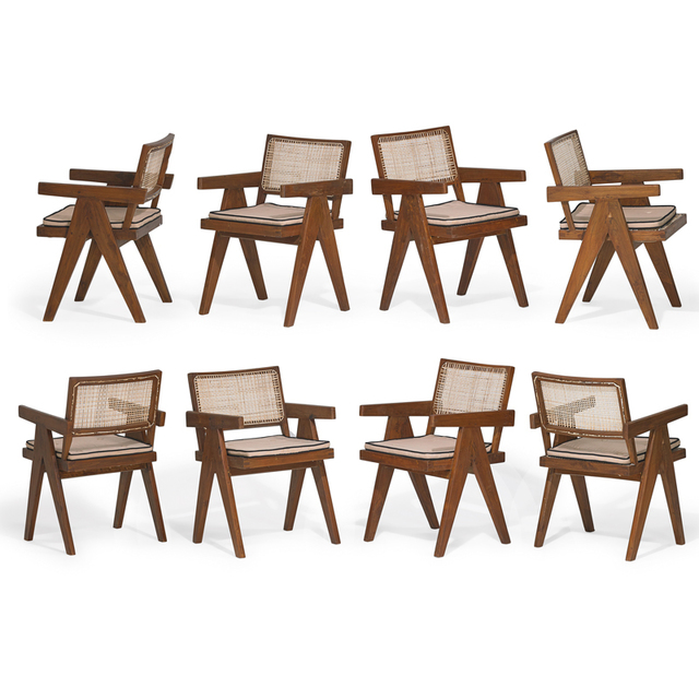 Pierre Jeanneret, ‘Eight V-leg arm chairs from the Chandigarh administrative buildings, France/India’, Rago