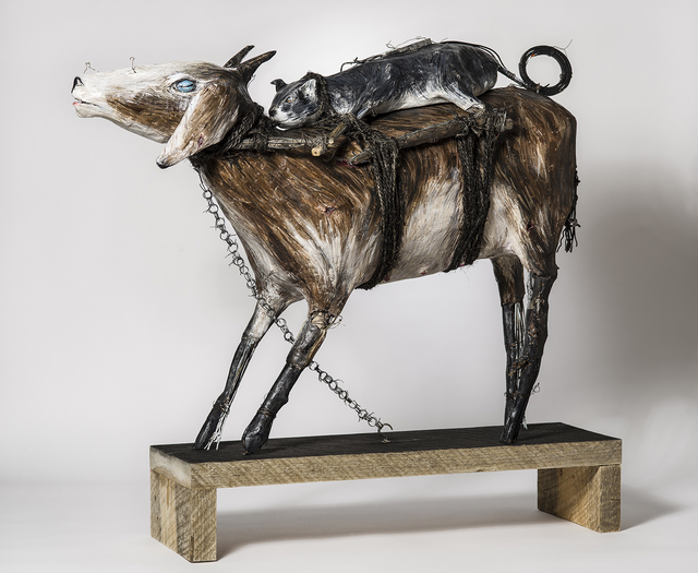 Elizabeth Jordan, ‘Goat with Cat riding on its back, earth tone sculpture: 'Soul to Soul'’, 2017, Ivy Brown Gallery