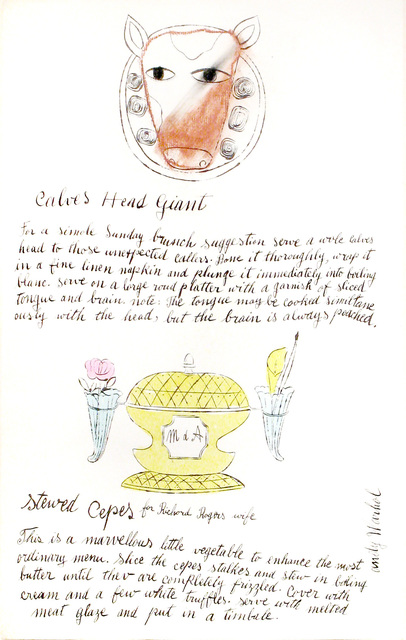 Andy Warhol, ‘Calves Head Giant and Stewed Crepes, Wild Raspberries’, 1959, Drawing, Collage or other Work on Paper, Unique Watercolor and offset lithograph on paper, Woodward Gallery