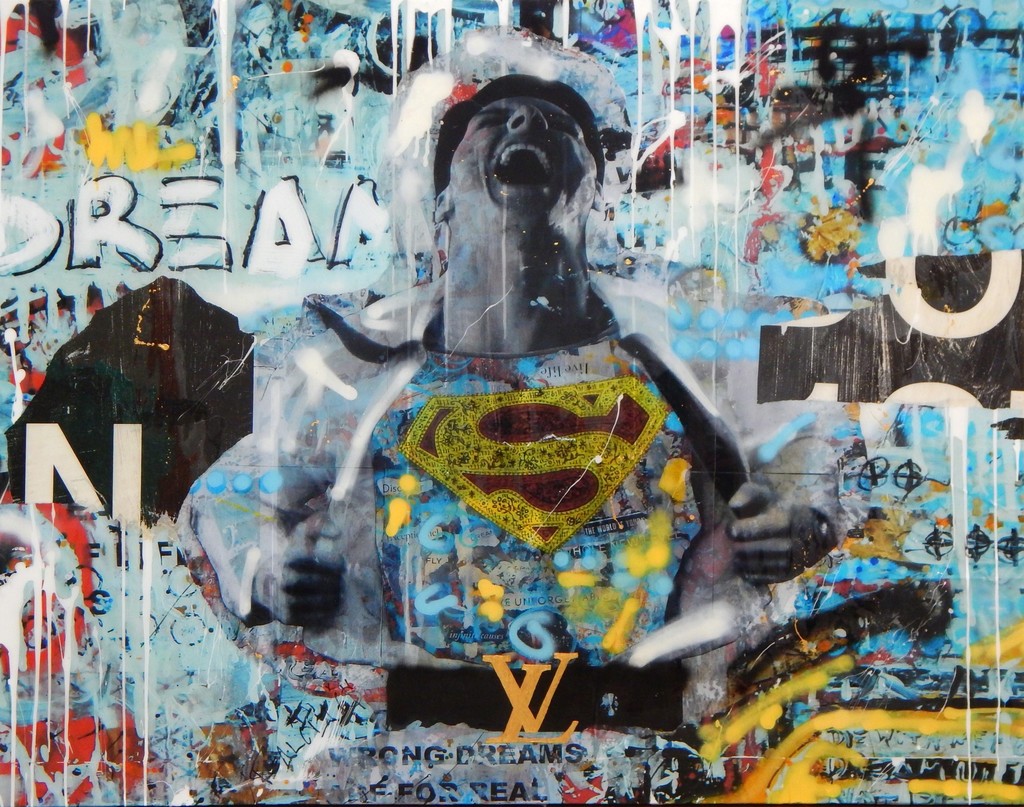 "Dreamer II" calls to light the level of intensity, drive and motivation one must have to completely follow a dream. With so many self or societally imposed walls and obstacles, rights and wrongs, one must be a superhero to rip past everything and follow a dream. Anarchy signs are shown throughout the piece particularly in the Superman "S" furthering the point that one must ignore the "taught" and think independently and outside the norm to achieve a dream. "Dreamer II" calls to light the level of intensity, drive and motivation one must have to completely follow a dream. With so many self or societally imposed walls and obstacles, rights and wrongs, one must be a superhero to rip past everything and follow a dream. Anarchy signs are shown throughout the piece particularly in the Superman "S" furthering the point that one must ignore the "taught" and think independently and outside the norm to achieve a dream.