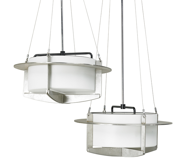 I.M. Pei, ‘Pair of chandeliers, USA’, ca. 1968, Design/Decorative Art, Brushed stainless steel, chromed and enameled steel, single socket, metal halide bulb, Rago/Wright