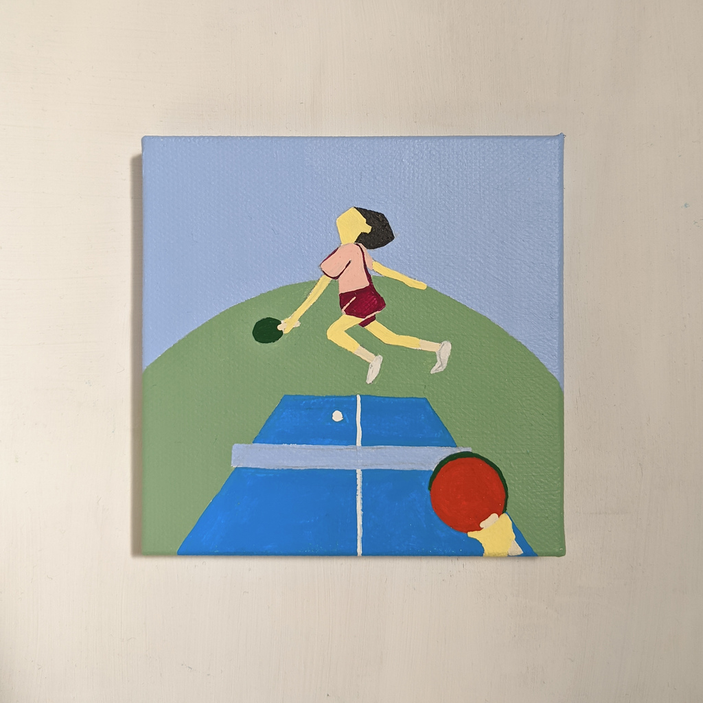 Yin Ming Wong, It’s this or Grandmother’s house, 2020, Gouache.
"I have been working with the idea of ping pong for some time, thinking about the game play of the sport as an analogy for the Asian American narrative of traversing between two cultures. I consider the impact of growing up with conflicting values and traditions and reflect on how the constant shifting in emotions and deliberations that come with hybrid identities can be comparable to the swift rallying nature of ping pong." Yin Ming Wong, It’s this or Grandmother’s house, 2020, Gouache.
"I have been working with the idea of ping pong for some time, thinking about the game play of the sport as an analogy for the Asian American narrative of traversing between two cultures. I consider the impact of growing up with conflicting values and traditions and reflect on how the constant shifting in emotions and deliberations that come with hybrid identities can be comparable to the swift rallying nature of ping pong."
