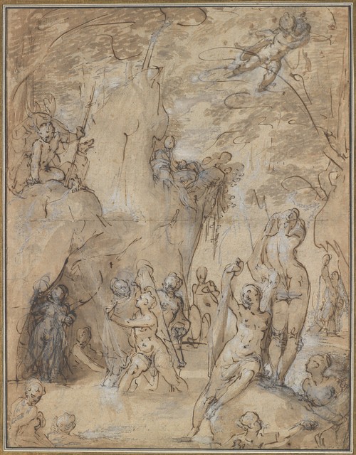 Bartholomaeus Spranger, ‘Diana and Actaeon’, ca. 1580–1585, Drawing, Collage or other Work on Paper, Pen and brown ink, brush and brown and gray wash, white heightening, over traces of black chalk, on paper washed blue and pink, The Metropolitan Museum of Art