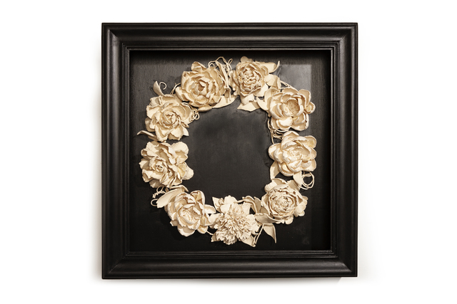 Marcy Lally, ‘Peony Wreath’, 2018, Sculpture, Black box, handmade porcelain ceramic flowers with bison, buffalo teeth, LeMieux Galleries