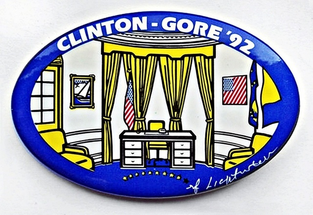 Roy Lichtenstein, ‘CLINTON GORE THE OVAL OFFICE (Limited Edition Campaign Button)’, 1992, Mixed Media, Mixed Media Screenprint on Political Button (plate Signed), Alpha 137 Gallery Gallery Auction