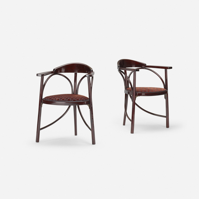 Thonet, ‘Three-Legged chairs model no. 81, pair’, c. 1900, Design/Decorative Art, Steam bent and lacquered beech, upholstery, brass, Rago/Wright