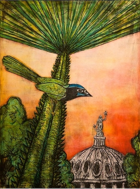 Frank X. Tolbert, ‘Texas Green Jay’, 2015, Print, A la poupee color soft ground and aquatint etching, William Campbell Contemporary Art Inc