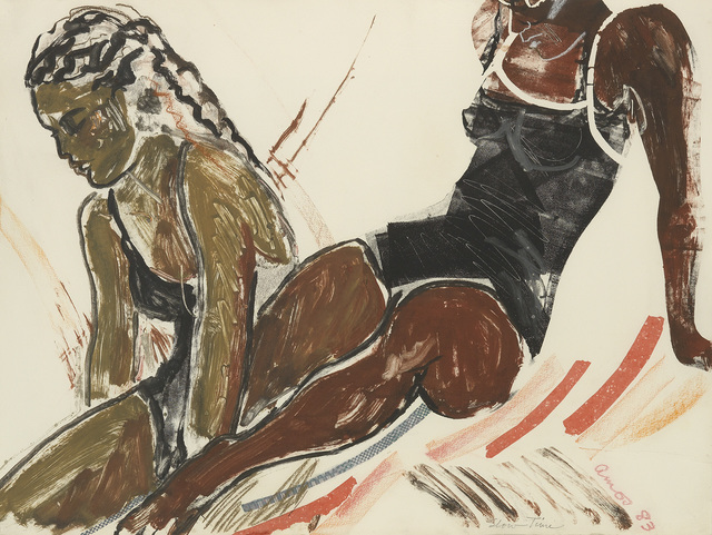 Emma Amos, ‘Slow Time’, 1983, Print, Color monotype, color pastels and stencil with paper and fabric collage on thick cream wove paper, Swann Auction Galleries