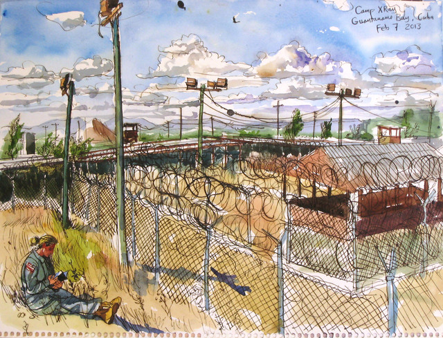 Steve Mumford, ‘2/7/13, Camp X-Ray, Guantanamo Bay, Cuba’, 2013, Drawing, Collage or other Work on Paper, Ink and wash on paper, Postmasters Gallery