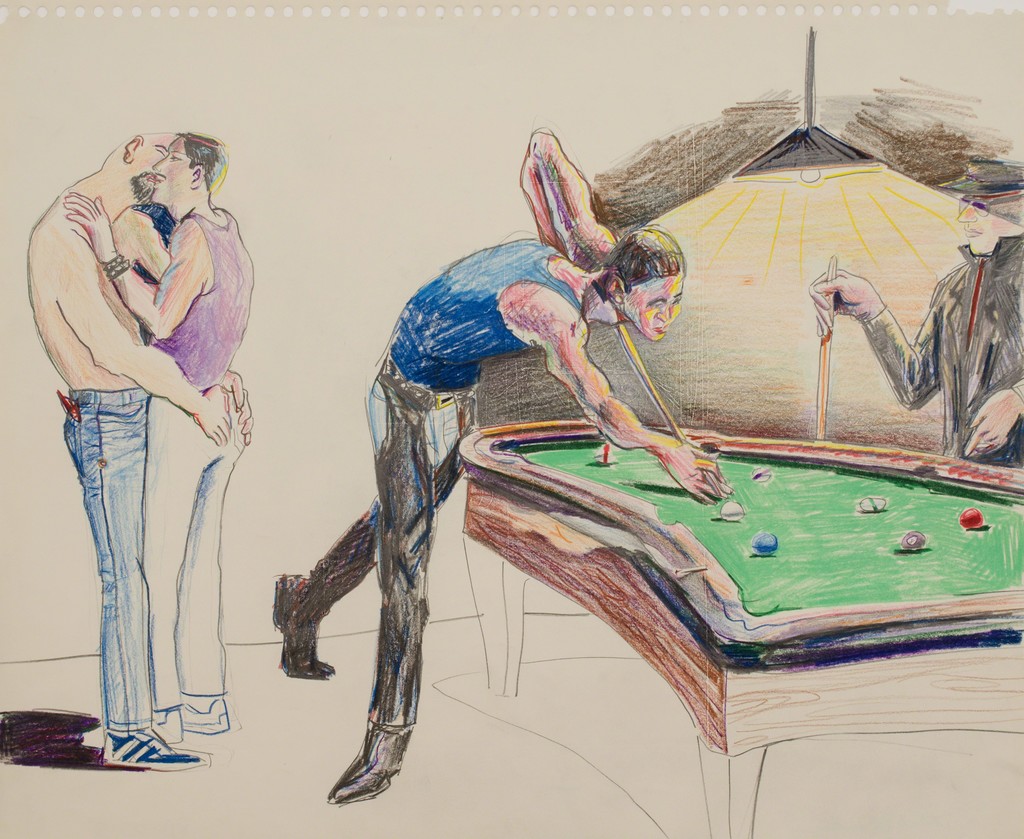 Patrick Angus, Pool Hall Scene, Buntstift auf auf Papier, 35,5 x 43 cm Patrick Angus, Pool Hall Scene, Buntstift auf auf Papier, 35,5 x 43 cm