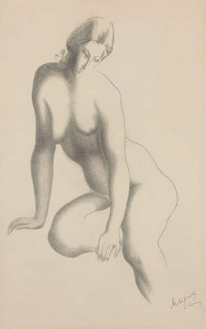 Alexander Archipenko, ‘Nude, Eyes Downcast’, 1930, Drawing, Collage or other Work on Paper, Pencil with traces of blue pencil on heavy paper, Doyle