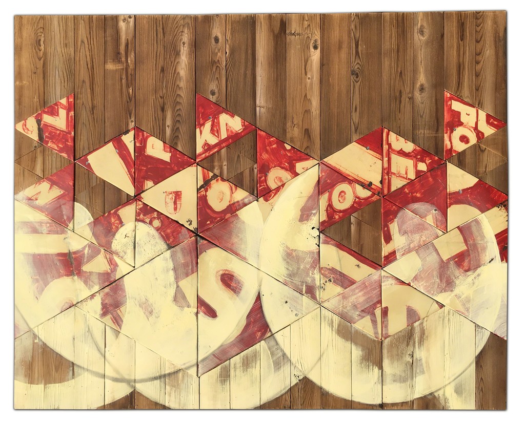 "Formation" by Benjamin Lowder, 2017, mixed media over vintage metal signage and reclaimed wood, 49" x 61" "Formation" by Benjamin Lowder, 2017, mixed media over vintage metal signage and reclaimed wood, 49" x 61"