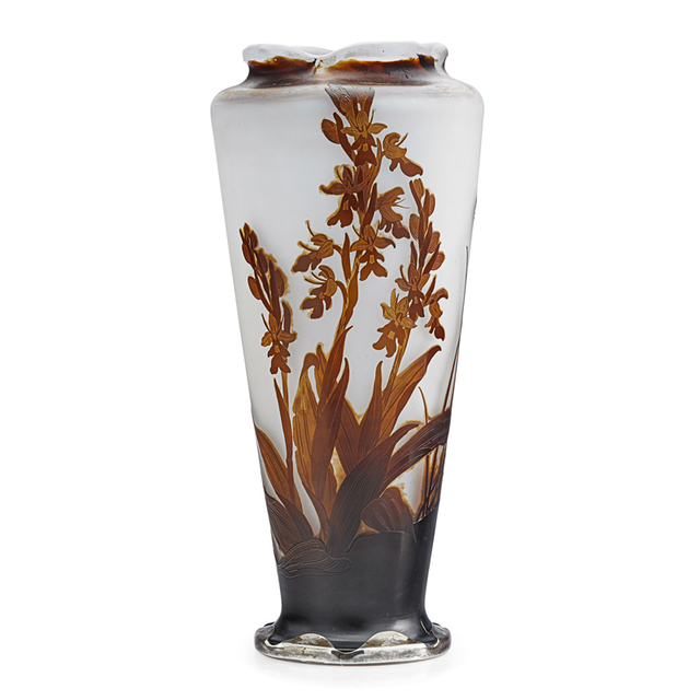 Galle, ‘Tall Vase With Crocosmia Orchid Under A Scalloped Rim, France’, Early 20th C., Design/Decorative Art, Acid-Etched Cameo Glass, Silver, Rago/Wright