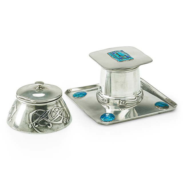Archibald Knox, ‘Liberty & Co., Two Tudric Inkwells, England’, ca. 1903-14, Design/Decorative Art, Pewter, enamel, glass, Rago/Wright