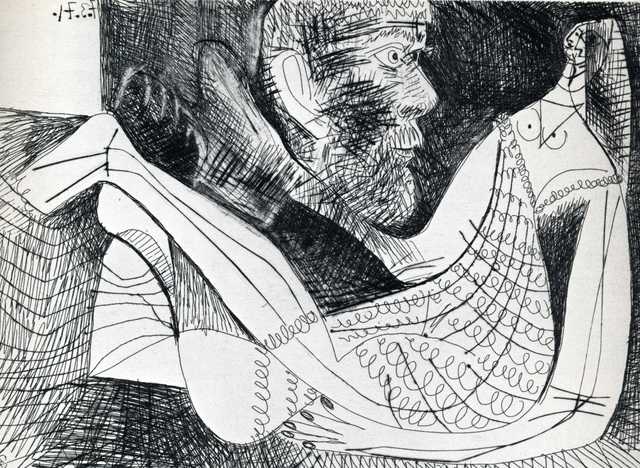 Pablo Picasso, ‘Peintre et modèle an robe tricotée’, 1971, Print, Etching, dry point, Galeria Joan Gaspar