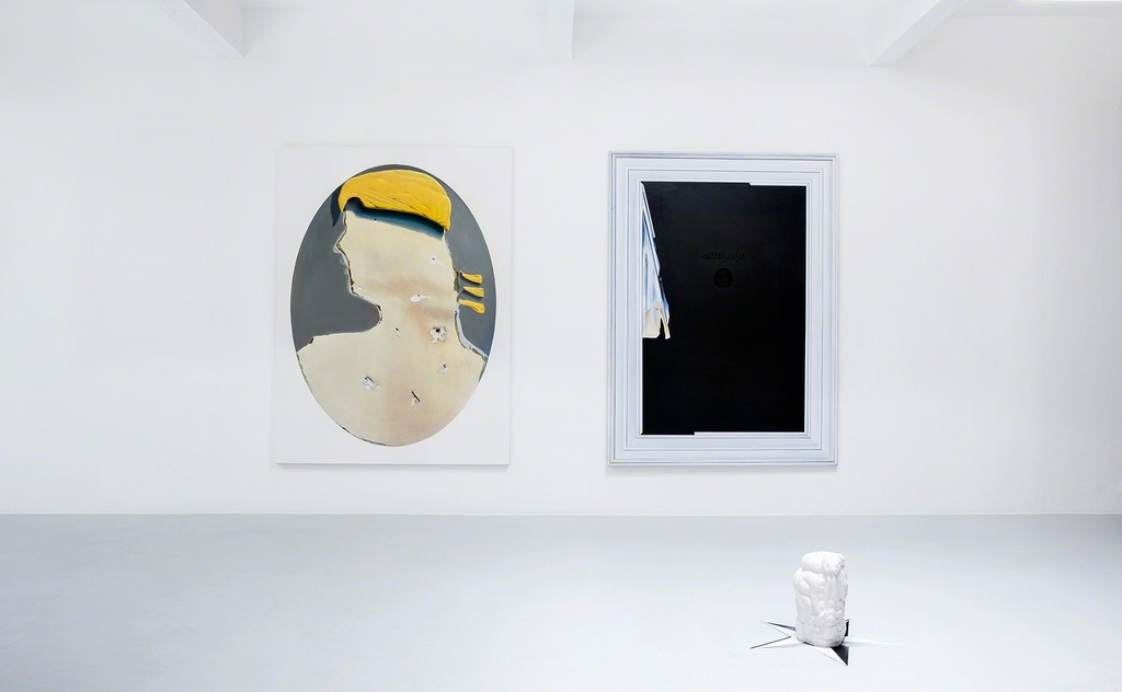 Exhibition view, 2017. Left: "Baghdad I", 2017, oil on canvas, 200x150cm. Right: "Baghdad II", 2017, oil on canvas, 200x150cm. Front: "o.T. Ed 1/3 + 2ap", 2017, plaster, H: ca. 35 cm, Durchm: ca. 26 cm. Photo: Verena Nagl. Exhibition view, 2017. Left: "Baghdad I", 2017, oil on canvas, 200x150cm. Right: "Baghdad II", 2017, oil on canvas, 200x150cm. Front: "o.T. Ed 1/3 + 2ap", 2017, plaster, H: ca. 35 cm, Durchm: ca. 26 cm. Photo: Verena Nagl.