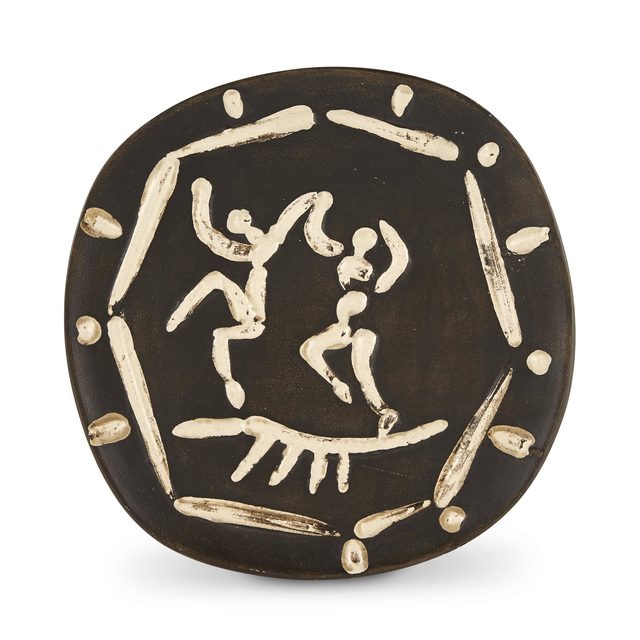 Pablo Picasso, ‘DEUX DANSEURS (A.R. 380)’, 1956, Design/Decorative Art, Partially glazed white ceramic plate with a black patinated ground, Doyle