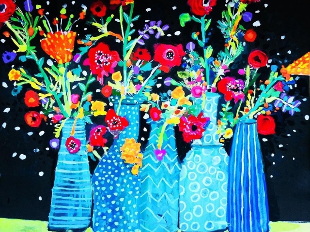 Andee Axe, ‘Flowers in Vases’, 2020, Painting, Acrylic, canvas, glitter, resin, The Illustrated Gallery