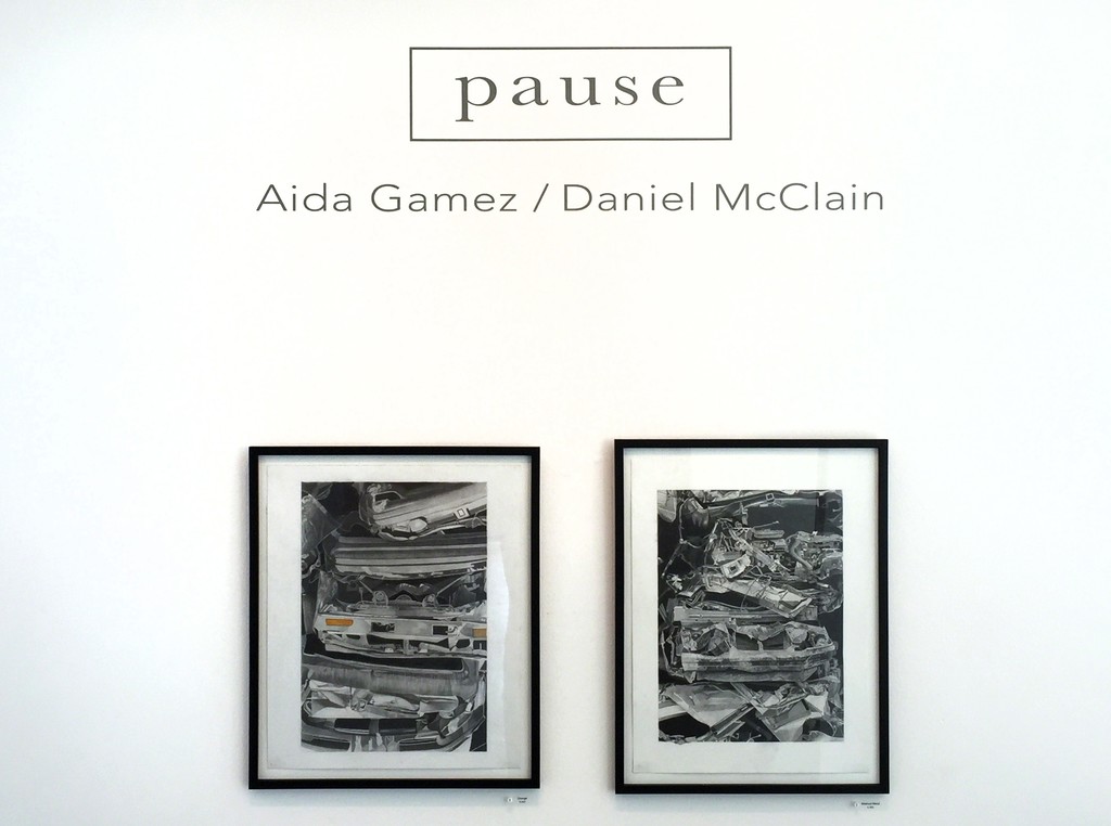Two drawings by Aida Gamez open up "PAUSE," on view at Transmission Gallery June 2 - July 22, 2017, left, "Crush" and right, "Mashed Metal." Two drawings by Aida Gamez open up "PAUSE," on view at Transmission Gallery June 2 - July 22, 2017, left, "Crush" and right, "Mashed Metal."