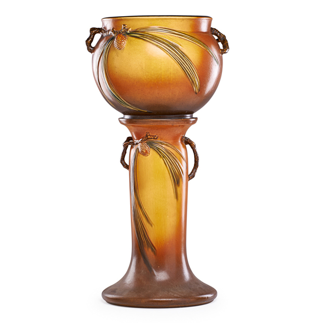 Roseville Pottery, ‘Brown Pine Cone 10" Jardiniere And Pedestal, Zanesville, OH’, 1935, Rago/Wright