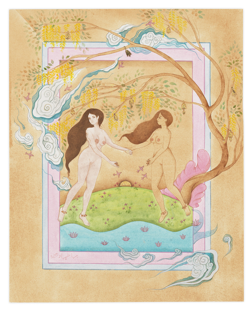 Hiba Schahbaz, ‘Dancing’, 2020, Painting, Watercolor, gouache, tea and gold leaf on handmade paper, Miles McEnery Gallery