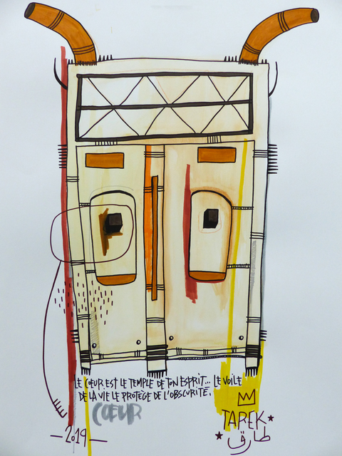 TAREK, ‘le coeur est le temple de ton esprit...le voile de la vie le protège de l'obscurité’, 2019, Drawing, Collage or other Work on Paper, Tea, watercolor, color ink and posca on paper, Galerie Carole Kvasnevski