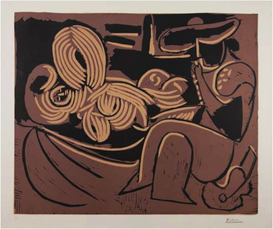 Pablo Picasso, ‘Femme Couchée et Homme a la Guitare’, 1959, Mixed Media, Color linocut. Signed and numbered 31/50 in pencil, lower margin, LaMantia Fine Art Inc.
