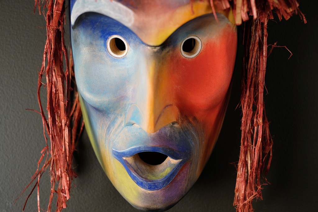 "Wildman of the Universe" by Joe David (Nuu-chah-nulth)
Red Cedar, Pigments, Dyed Cedar Bark
24"h x 10"w x 9"d "Wildman of the Universe" by Joe David (Nuu-chah-nulth)
Red Cedar, Pigments, Dyed Cedar Bark
24"h x 10"w x 9"d
