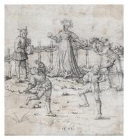 Jesters performing around a woman