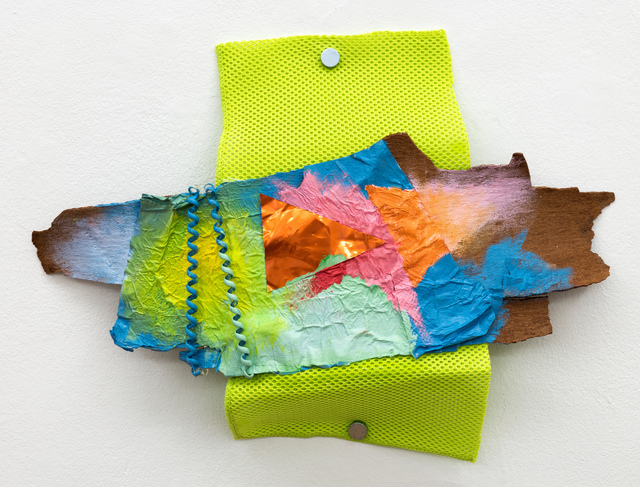 Jessica Stockholder, ‘Spirited Away’, 2019, Sculpture, Tree bark, mesh fabric, oil paint, silicone scrunchy, copper metal foil, paper, acrylic medium, Galerie nächst St. Stephan Rosemarie Schwarzwälder