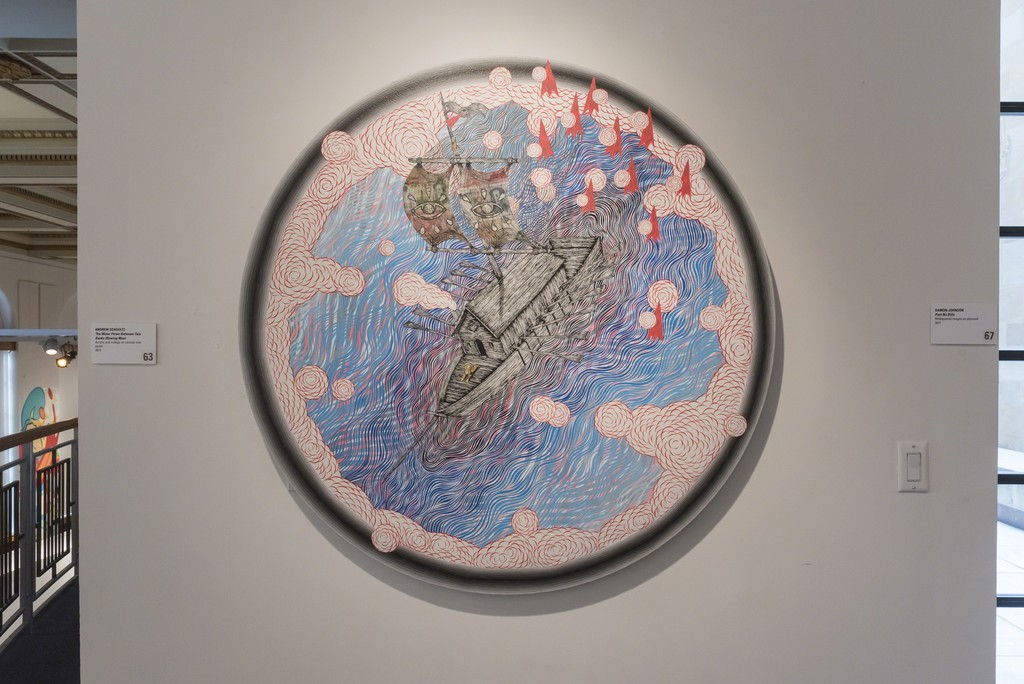 Andrew Schoultz
The Water Flows Between Two Banks (Bowing Man), 2016
Acrylic and collage on canvas over panel
48 inches
121.9 cm Diameter
Andrew Schoultz
The Water Flows Between Two Banks (Bowing Man), 2016
Acrylic and collage on canvas over panel
48 inches
121.9 cm Diameter