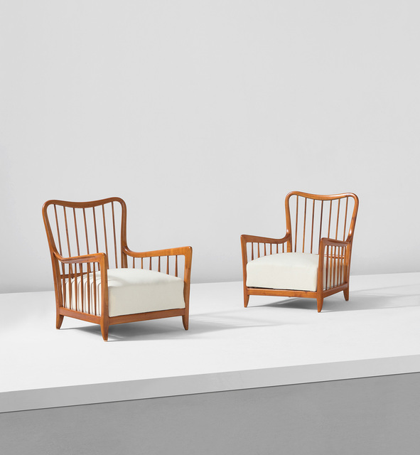 Paolo Buffa, ‘Pair of armchairs’, circa 1950, Design/Decorative Art, Cherry wood, fabric upholstery., Phillips