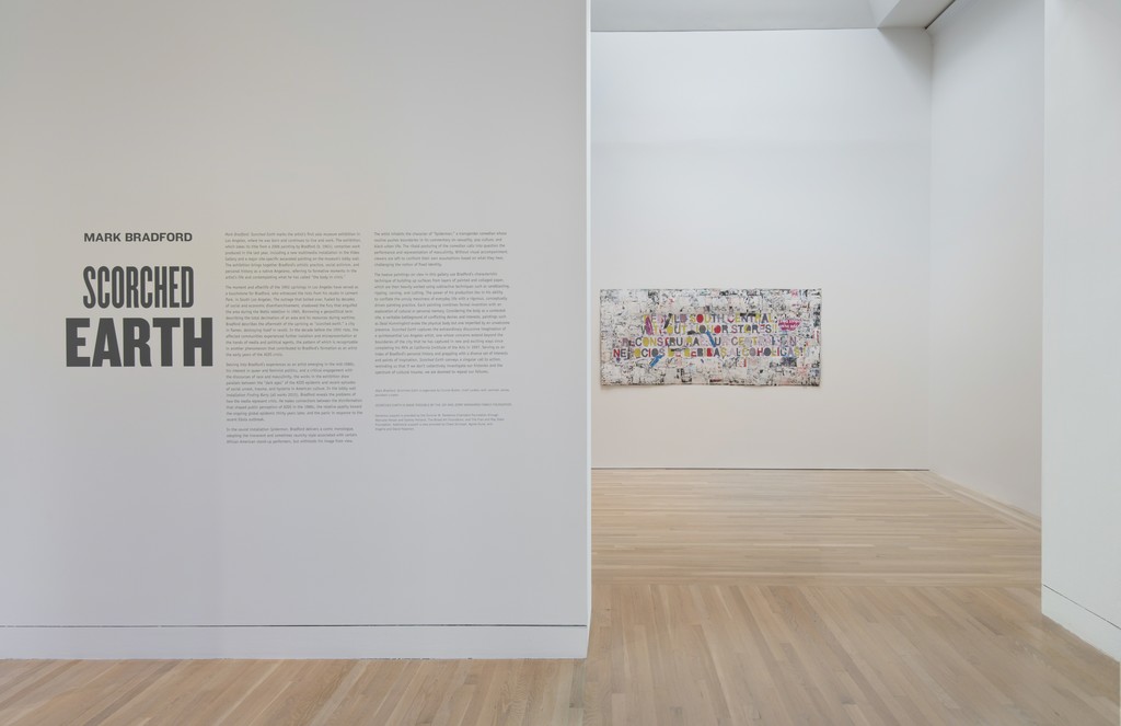 Installation view of Mark Bradford: Scorched Earth, Hammer Museum, Los Angeles, June 20–September 27, 2015. Photo by Brian Forrest Installation view of Mark Bradford: Scorched Earth, Hammer Museum, Los Angeles, June 20–September 27, 2015. Photo by Brian Forrest