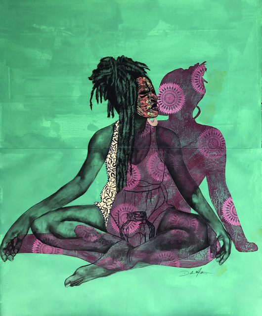 Delita Martin, ‘Untitled (Green Background)’, 2020, Mixed Media, Relief printing, Charcoal, Gelatin Printing, Acrylic, Liquid gold leaf, Decorative papers, Handstitching, Galerie Myrtis