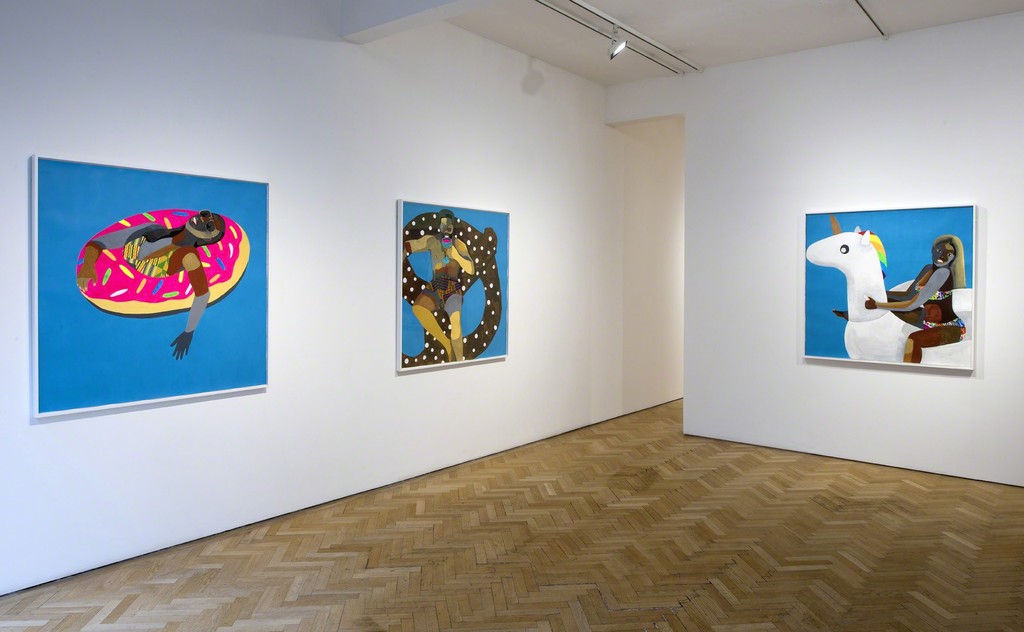 Derrick Adams, Floater No. 30 (pink doughnut), 2016, Floater No. 24 (pretzel), 2016 and Floater No. 28 (unicorn), 2016 Derrick Adams, Floater No. 30 (pink doughnut), 2016, Floater No. 24 (pretzel), 2016 and Floater No. 28 (unicorn), 2016