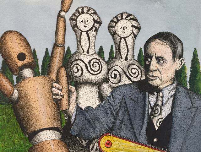 Michael Dwyer, ‘Woodman wails! Picasso cut off his you know what w/ a chainsaw for sexual advances with his twins’, 2019, Painting, Mixed Media, M.A. Doran Gallery